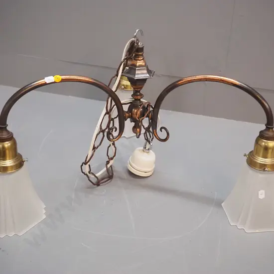 deco 3-light copper & brass ceiling light fitting with 3 frosted glass shades - H340 W-600