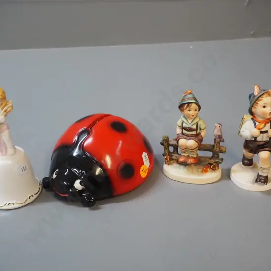 small Goebbels items - 2 Hummel figurines, a bell and a ladybird money bank with no stopper