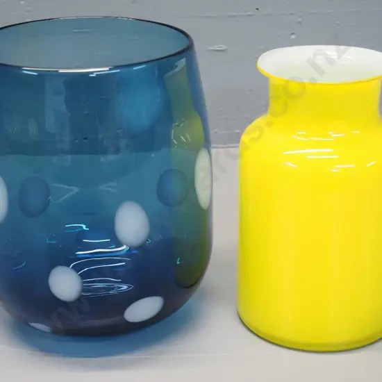 2 coloured glass vases - blue with white spots H-230 Diameter 200 & yellow with white lining
