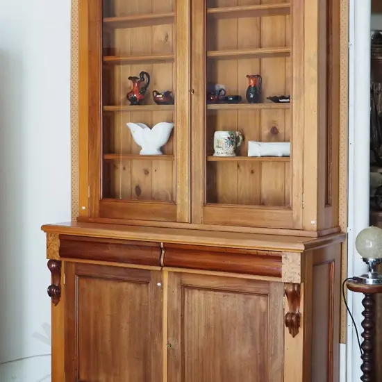 vintage kauri 2 door 2 drawer sideboard w/glazed bookcase top, carved corbels, some scratches H2420 W1450 D510