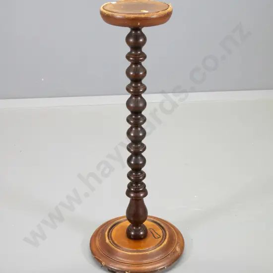 vintage mixed timber indoor plant stand with cotton reel turned column - polish wear H-820 D-320 at base