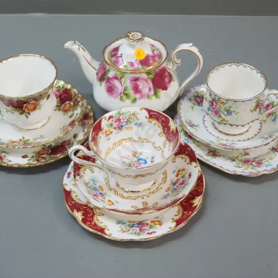 Royal Albert teaware - 3 trios and a small Old English Rose teapot