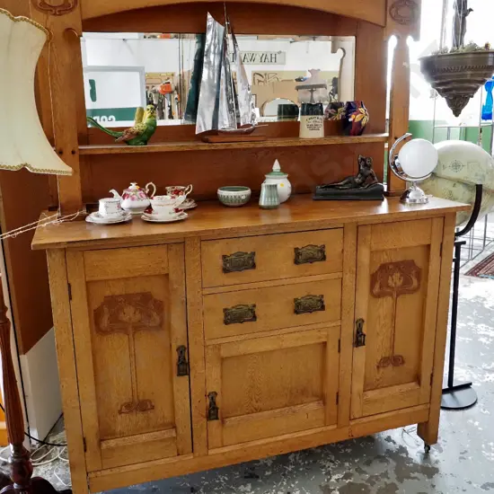 deco oak sideboard 3 doors, 2 drawers, drop handles, mirrored top w/carved upstands - polish needs work H1860 W1520 D550