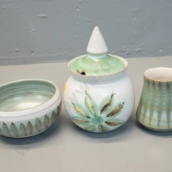 3 pieces Hanmer New Zealand pottery - lidded honey pot H-180, vase and bowl D-130
