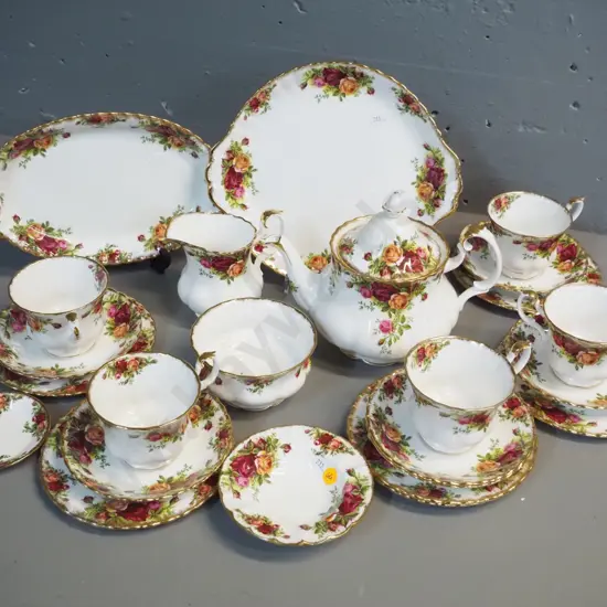 Royal Albert Old Country Roses tea set w/sweet dishes, sandwich plate - missing 1 cup, obvious mend to teapot lid