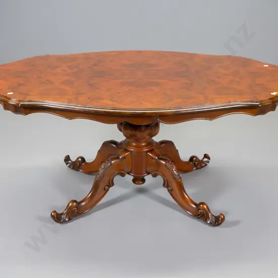 reproduction burr walnut oval scalloped-edge coffee table w/carved pedestal base H530 L1200 W690
