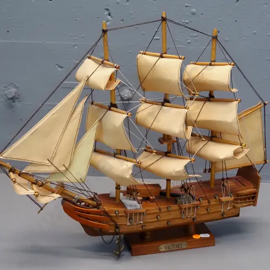 small fully rigged wooden model sailing ship "Victory" on wooden base -  H-420 L-500