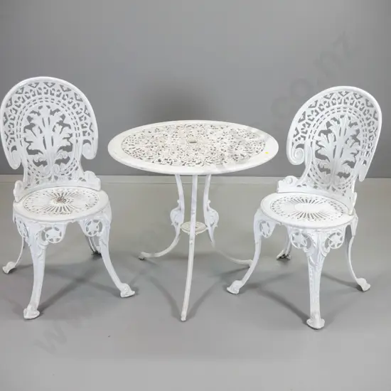 Victorian style white painted cast aluminium round outdoor table and 2 chairs H640 D-680