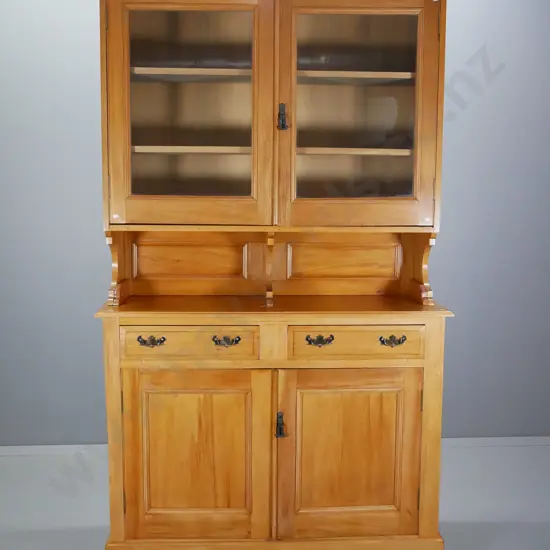 vintage kauri sideboard w/2-door glazed display top, 2 doors & 2 drawers in base, some handles replaced H2180 W1290 D410