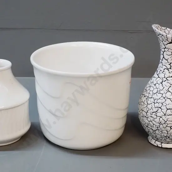 3 German pottery white items - 2 vases, one with crackle glaze is H-190, and a plant pot D-150