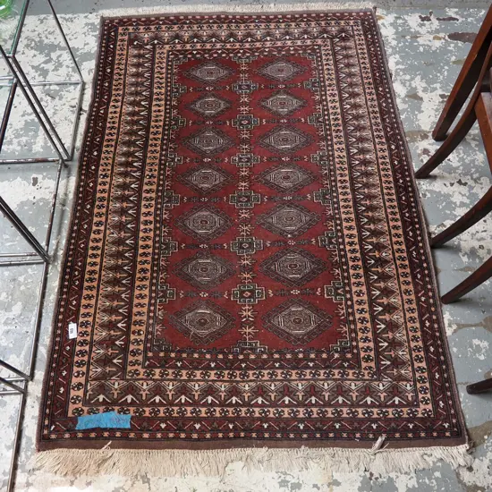 hand-woven wool floor rug - salmon, burgundy & grey L-1850 W-1260