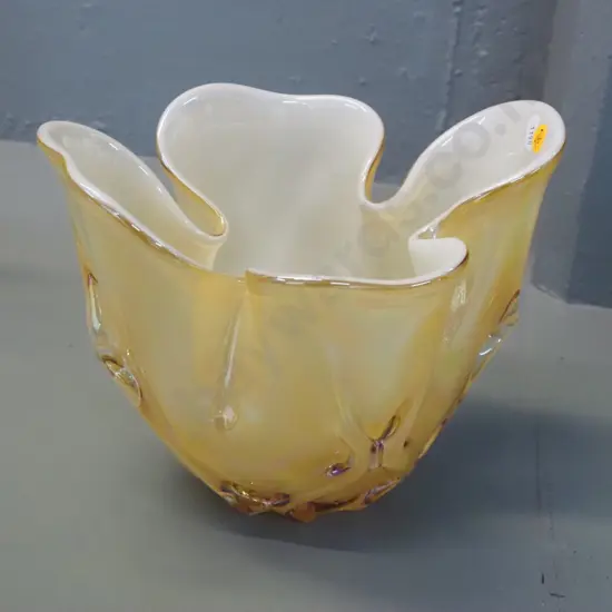 heavy art glass vase - gold lustre and cream lined H-200 D-200