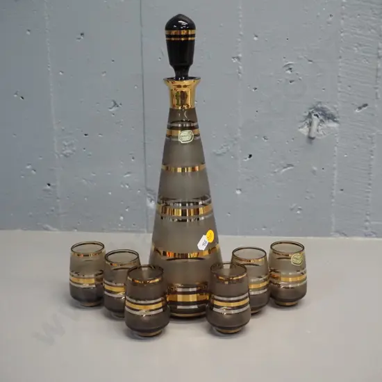 Bohemia smoked glass gold-banded decanter set - stoppered decanter is H-350