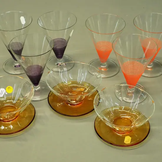 retro glassware - 6 banded wine glasses, 5 amber and clear glass items, 2 Webb Corbett crystal comports etc.