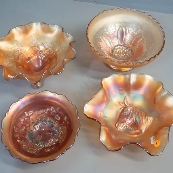 4 marigold carnival glass bowls - one with pedestal base, one 3-footed, largest is H-100 D-200