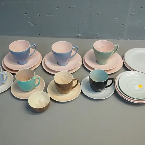 Branksome multi colour china - 3 trios, 5 coffee cups & saucers, sugar bowl and various spare saucers and sides