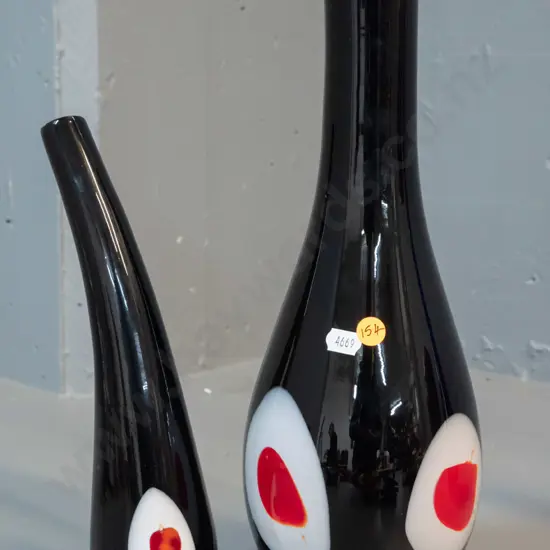 2 art glass vases - black with red and white shapes - taller is H-350