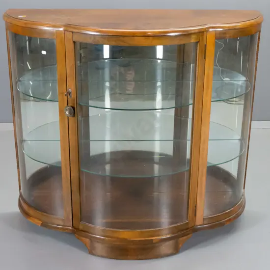 deco mahogany bow-front single door china cabinet - 2 adjustable glass shelves, escutcheons & key - H940 W1030 D420