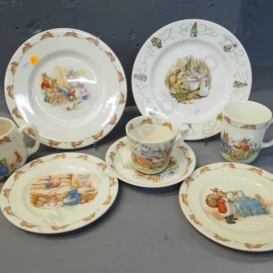 assorted Royal Doulton Bunnykins items - 3 plates, 2 mugs, cup & saucer - and a Wedgwood Beatrix Potter plate