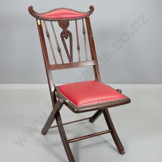 vintage Empire-style folding campaign chair w/brass studded red velvet upholstered seat & rail H820 W450 D480
