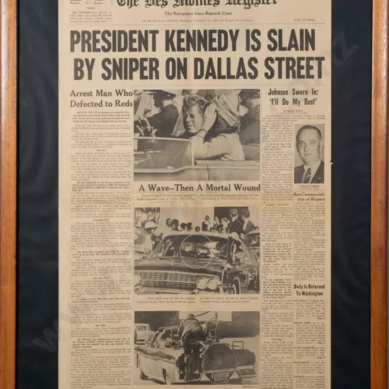 framed Des Moines Register - President Kennedy Is Slain H-600 W-380