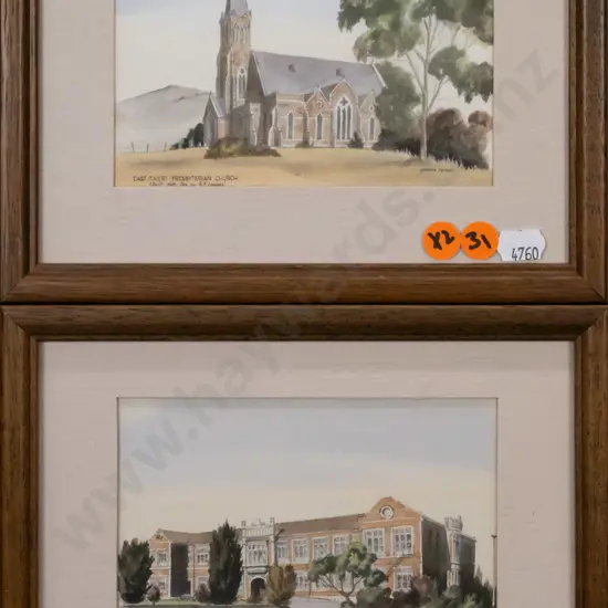2x framed hand coloured Yvonne Benson prints - Otago Girls, East Taieri Pres.Church H-100 W-130