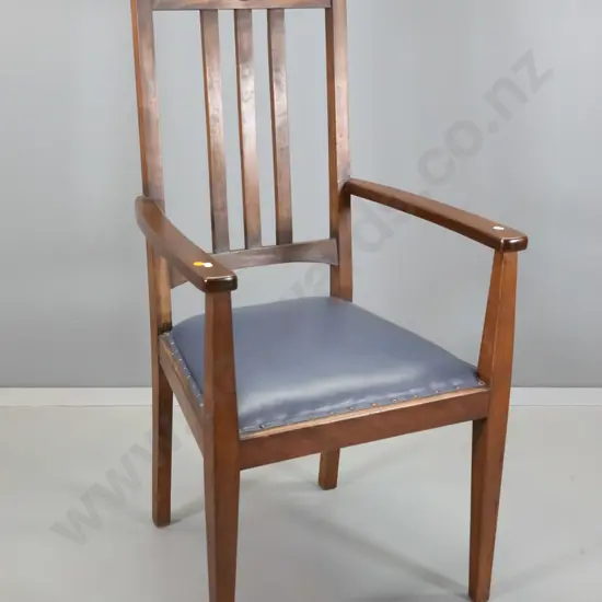 deco solid timber high-back occasional armchair, carved back, studded blue leather upholstered seat H1170 W580 D530