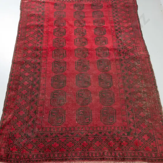 Persian hand-knotted wool floor rug - deep red and black - some areas of wear L-2090 W-1430