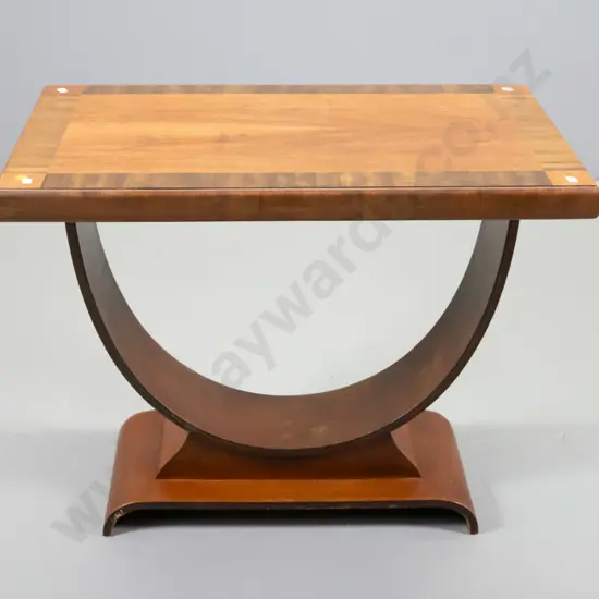 deco mixed timber veneer hoop-base end table - some scratches to base  H-570 W-720 D-440