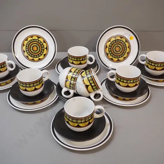 retro set of 8 Alfred Meakin 'Samba' pattern trios - scratches to design on one plate