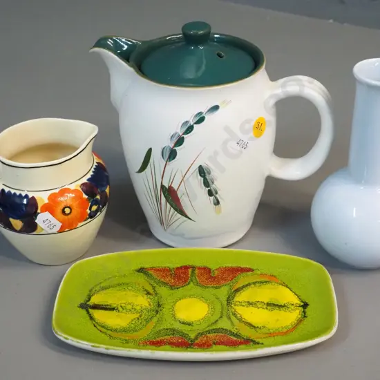 4 English china items - Poole small dish and vase, Denby Greenwheat coffee pot H160, Adams jug