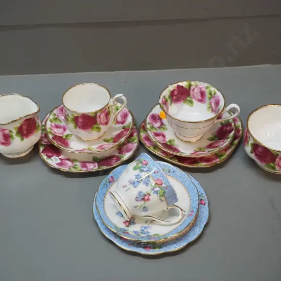 Royal Albert Old English Rose - 2 trios, cream and sugar - and a Royal Albert Harebell trio