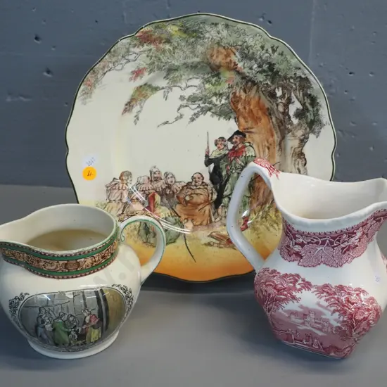 Royal Doulton 'Under the Greenwood Tree' plate D260, Adams 'Cries of London' jug, and Masons pink vista jug