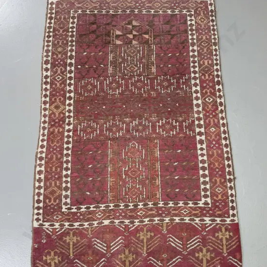 small hand-knotted wool prayer rug - colours faded, wear to fringes L1140 W760