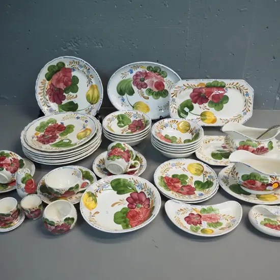 large assortment of Simpsons 'Belle Fiore' china - 2 gravy boats, sandwich tray, platter, 7 dinner plates, etc.