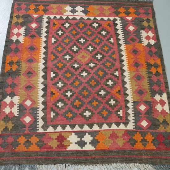 small kilim floor rug - red, orange, brown & ivory - L1010 W840