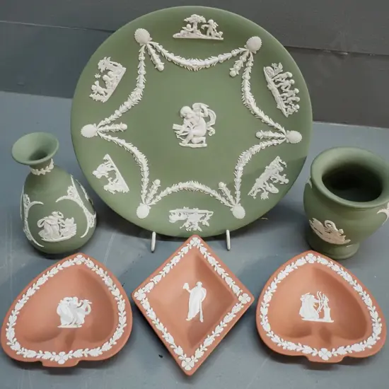 Wedgwood jasperware - 3 pieces of green and 3 peach/ochre - green plate is D-230