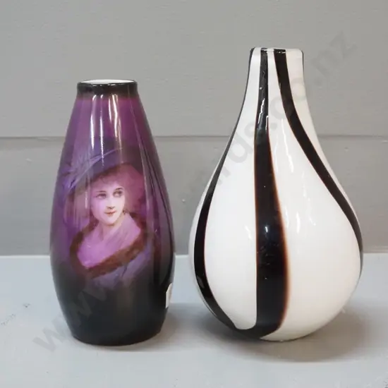2 vases - small art glass striped black and white H-210 and a Bavarian china vase with portrait