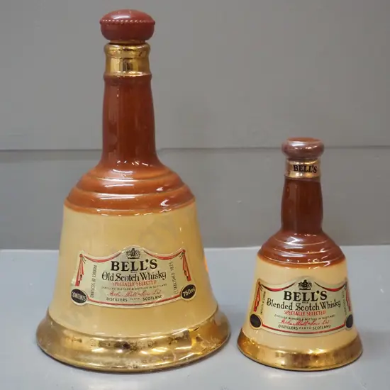 2 Wade porcelain Bell whisky decanters with contents & plastic seals - 750ml and 200ml