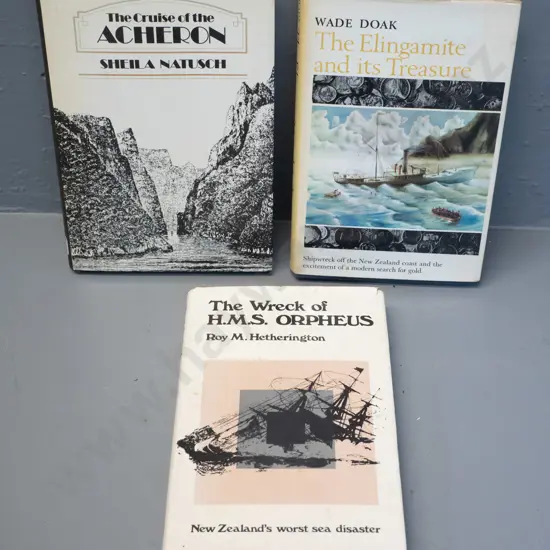3 books - Wreck of HMS Orpheus, Cruise of the Acheron, and The Elingamite and its Treasures