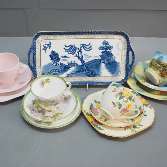 4 English china trios - Royal Doulton, Grafton, Phoenix - and a Booth's Real Old Willow sandwich tray