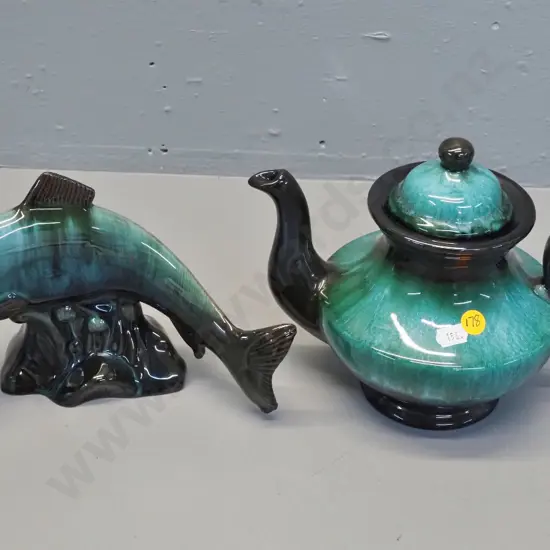 Blue Mountain pottery teapot H-190 and fish figure L-230