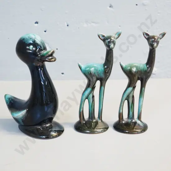 3 Blue Mountain pottery figures - duck and 2 small deer - all approx. H-140