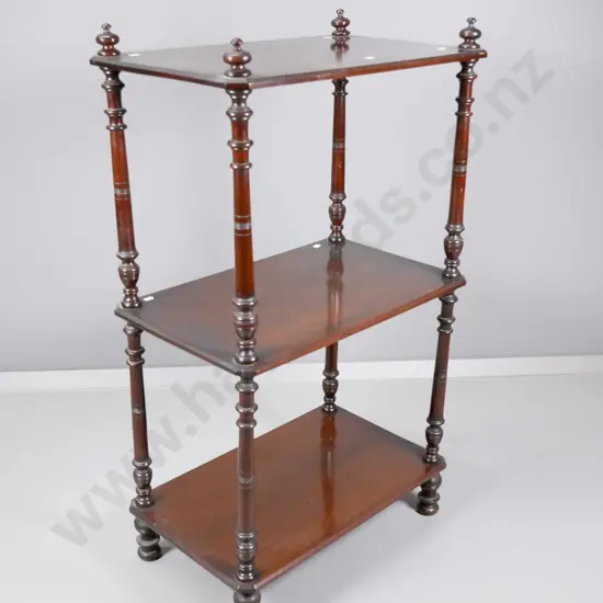 vintage 3-tier whatnot/display shelf with turned spindle supports - a bit wobbly, polish needs work H960 W560 D340