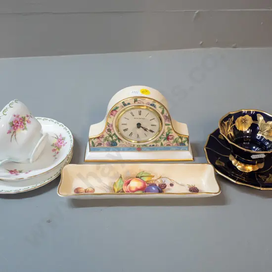 Wedgwood 'Sarah' bedside clock, Shelley trio, Aynsley mint dish and a Bavarian cobalt and gold cup & saucer