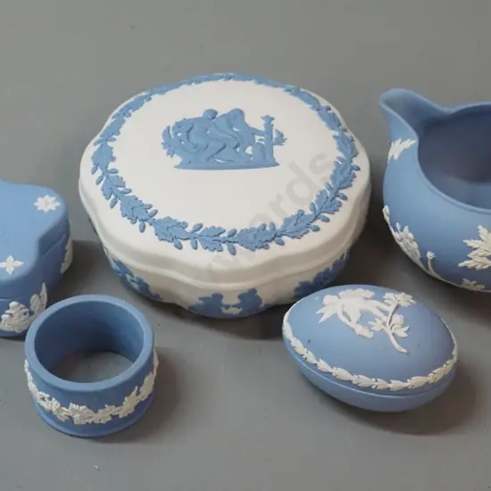 Wedgwood jasperware - blue & white - blue on white lidded trinket, small trinkets, jug and napkin ring