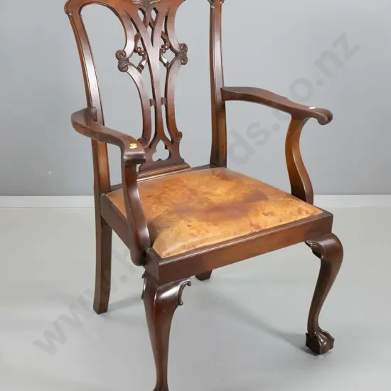 vintage mahogany occasional chair with carved splat back, antiqued leather seat, ball & claw feet H980 W610 D490