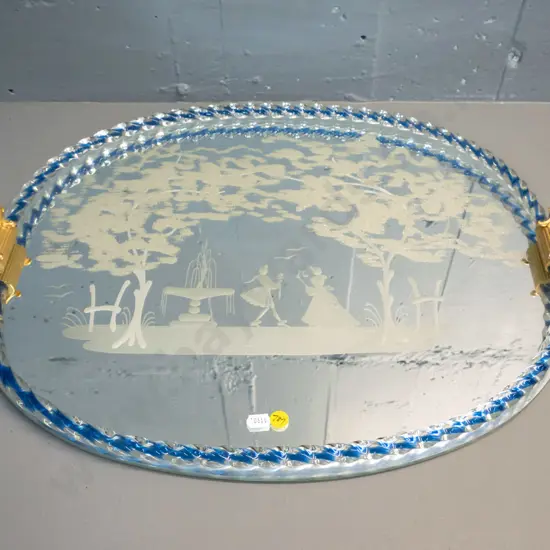 ornate etched & mirrored tray with twisted gallery and gilded metal handles L-610 W-420