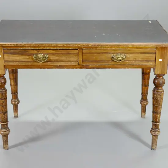 vintage rimu small writing desk - 2 drawers w/brass drop handles, rubbing to polish & leatherette inset H760 W1140 D600