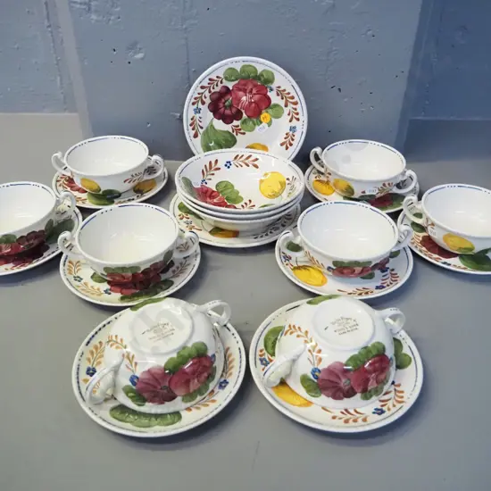 assorted Wood & Sons 'Belle Fiore' china - 8 soup coupes & saucers, 3 desserts, 2 side plates